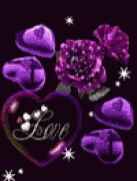 a heart with the word love on it is surrounded by purple hearts and purple roses .