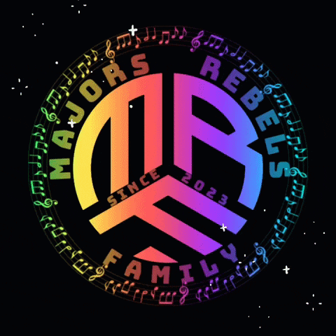 a colorful logo for majors rebels family surrounded by music notes