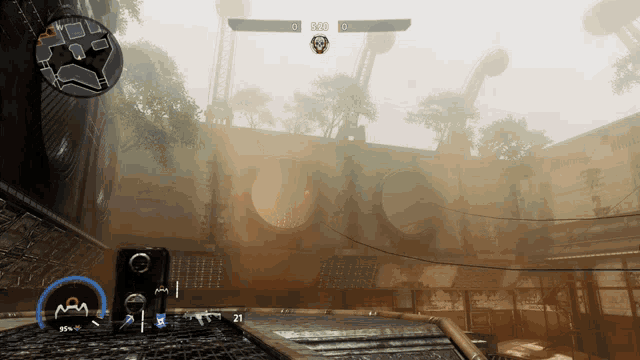 a video game is being played in a foggy area with a score of 0 to 0