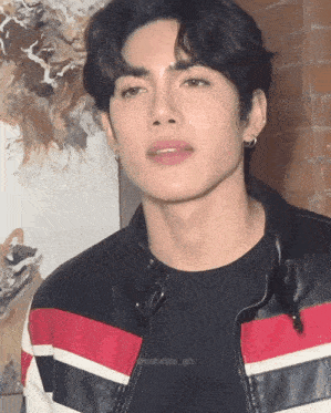 a young man wearing a black shirt and a red white and black jacket