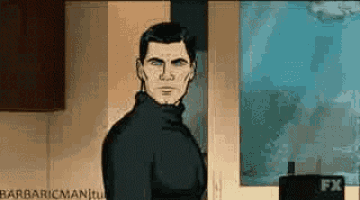 a man in a black turtleneck is standing in front of a wall with a poster on it .