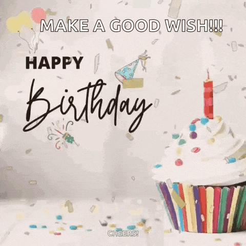 a happy birthday greeting card with a cupcake and a candle