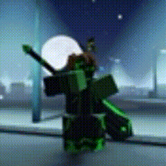 a person in a green costume is holding a sword in a room .
