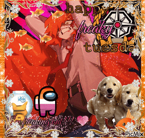 a happy freaky tuesday greeting card with a man among us and two dogs