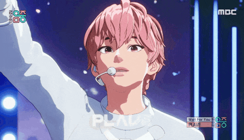 a cartoon of a girl with pink hair singing a song called plave by mbc