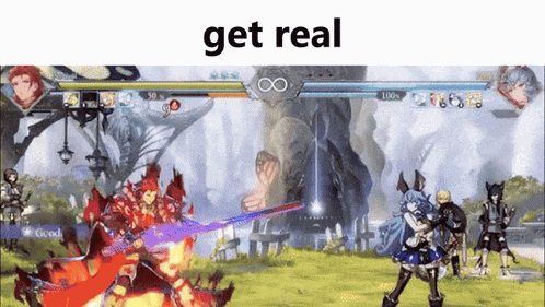 a screenshot of a video game with the words " get real " at the top