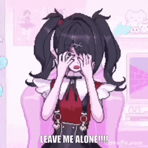 a pixel art of a girl covering her eyes with her hands and the words `` leave me alone ! ''