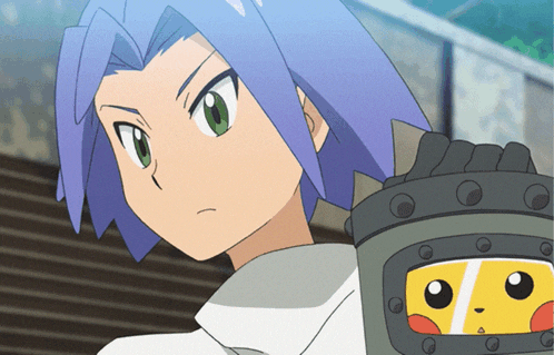 a cartoon character with purple hair and a yellow pikachu on his arm