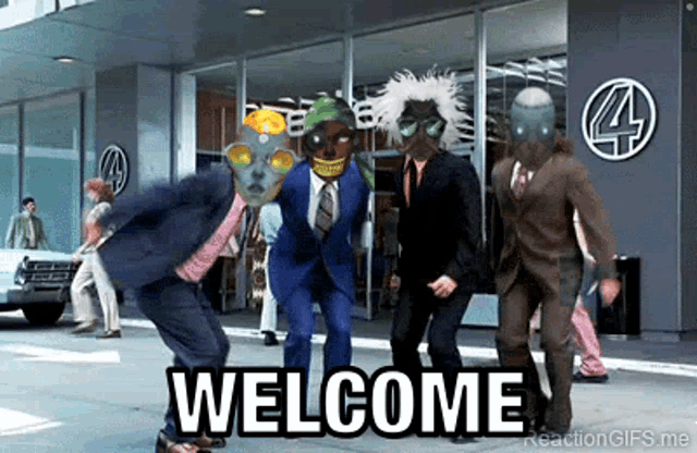a group of men in suits are dancing in front of a building that says welcome on it