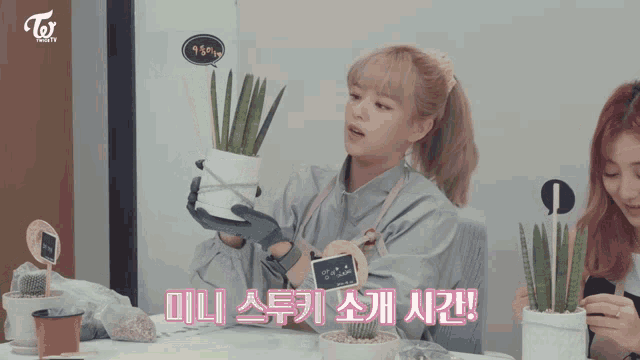 a woman holding a potted plant with a sign that says ' twice beauty ' on it