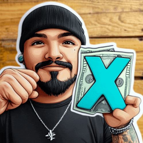 a man with a beard is holding a dollar bill with a blue letter x on it