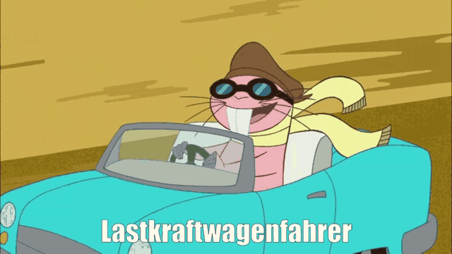 a cartoon character driving a car with the words lastkraftwagenfahrer
