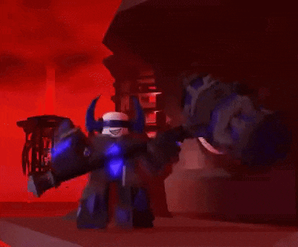 a cartoon character is holding a hammer in a red room .