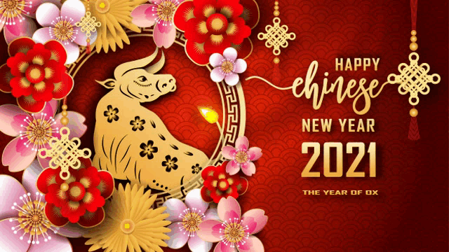 a chinese new year 2021 greeting card with a bull and flowers