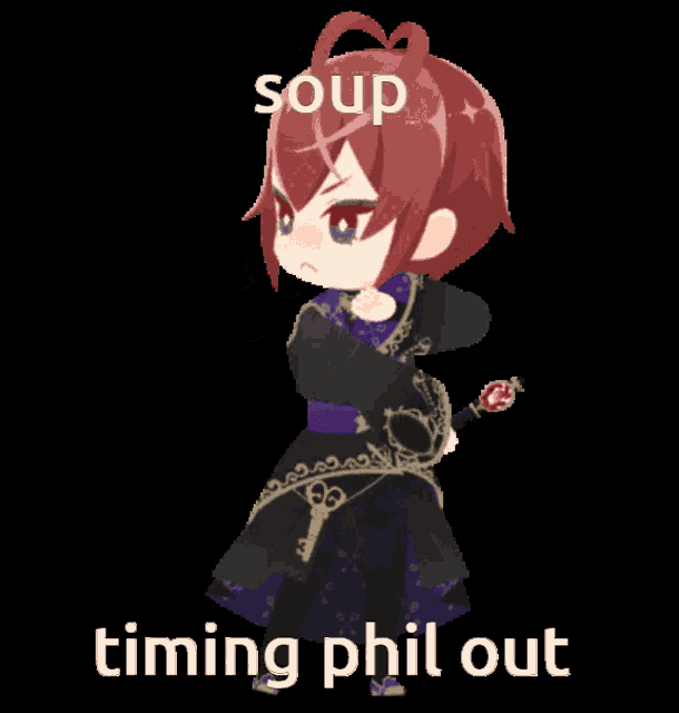 a cartoon character with the words soup timing phil out on the bottom