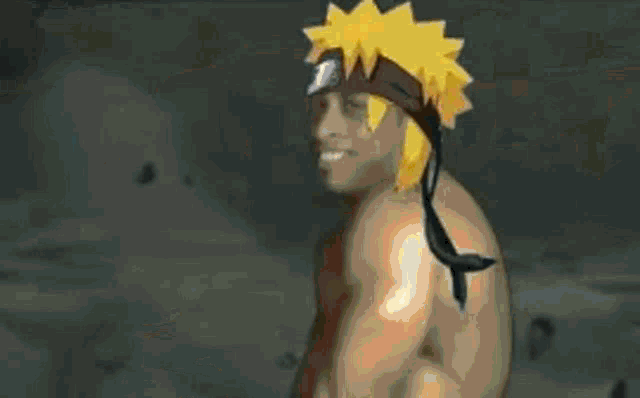 a man without a shirt is standing in front of a yellow background in a pixel art style .