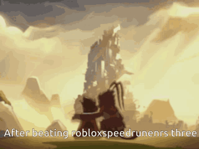 a cartoon scene with the words after beating robloxspeedrunenrs three on the bottom
