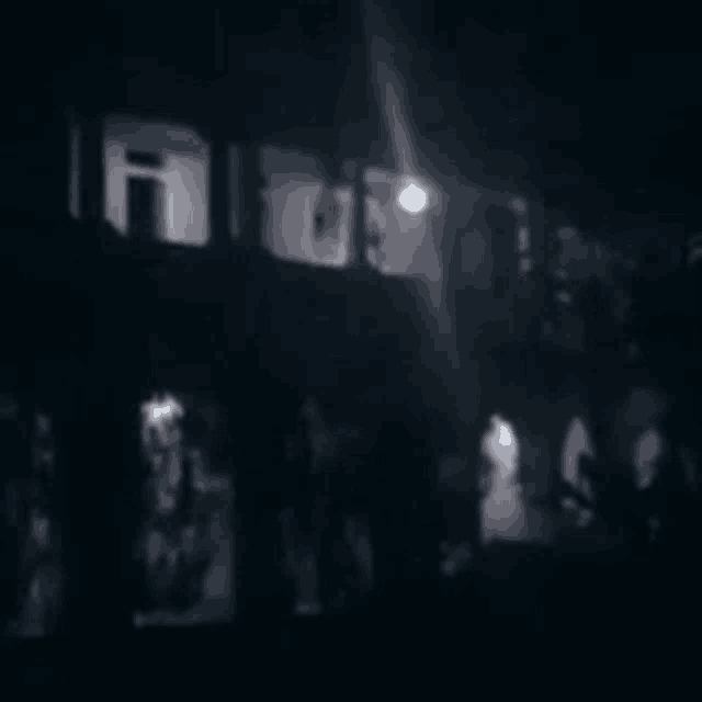 a black and white photo of a group of people standing in front of a building at night