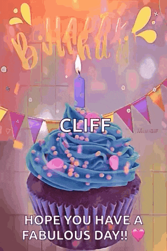 a cupcake with blue frosting and a candle on top of it