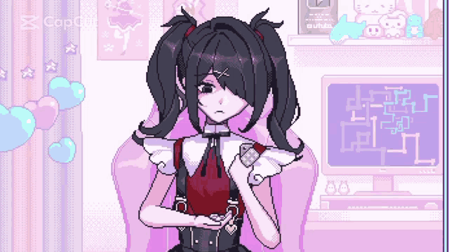 a pixel art of a girl sitting in front of a computer screen