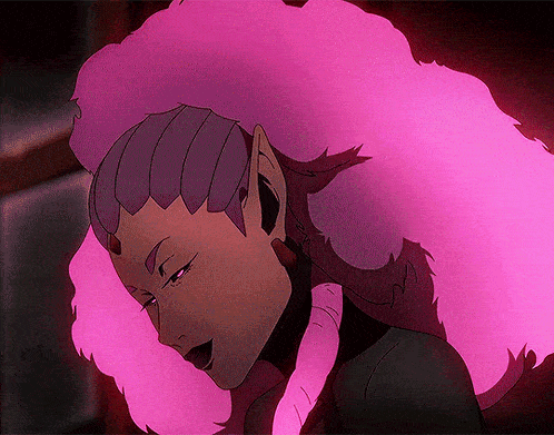 a close up of a cartoon character with purple hair and pink glowing hair