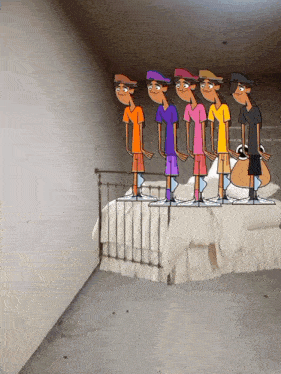 a group of cartoon characters standing next to a bed