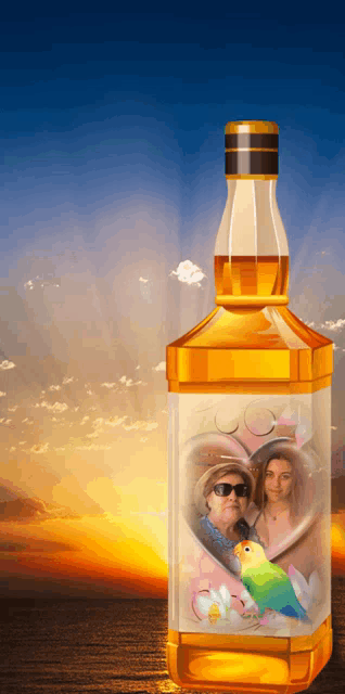 a bottle of whiskey with two women and a parrot inside of it