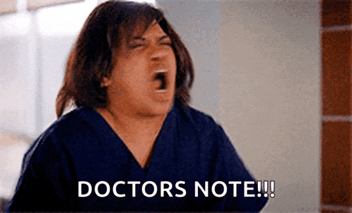 a woman in scrubs is screaming with the words doctors note written on the bottom