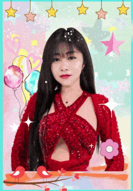 a girl in a red dress with balloons and stars around her
