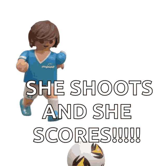 a cartoon soccer player is kicking a soccer ball with the words she shoots and she scores