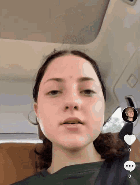 a girl sitting in a car with a speech bubble that says ' i love you ' on it