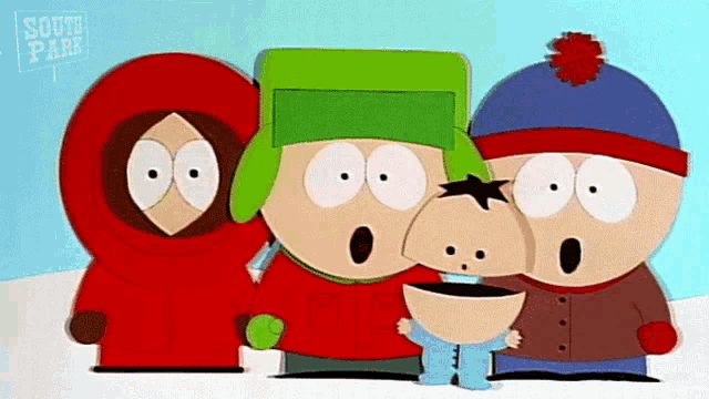 a group of south park characters are standing together