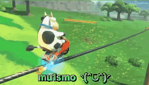 a cow is riding a motorcycle on a rope in a video game with the words mulismo written below it