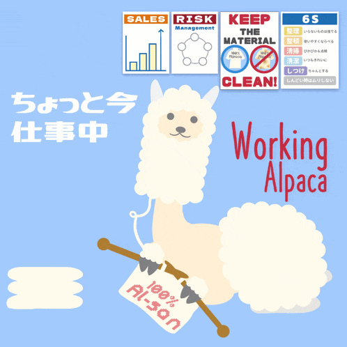 a cartoon alpaca is holding a sign that says 100 % ai-san
