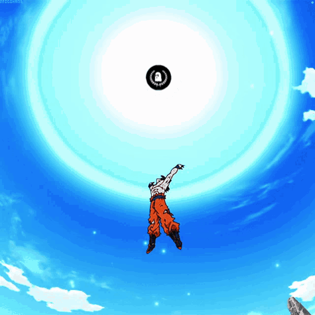 a cartoon character is flying through the air with a circle in the sky