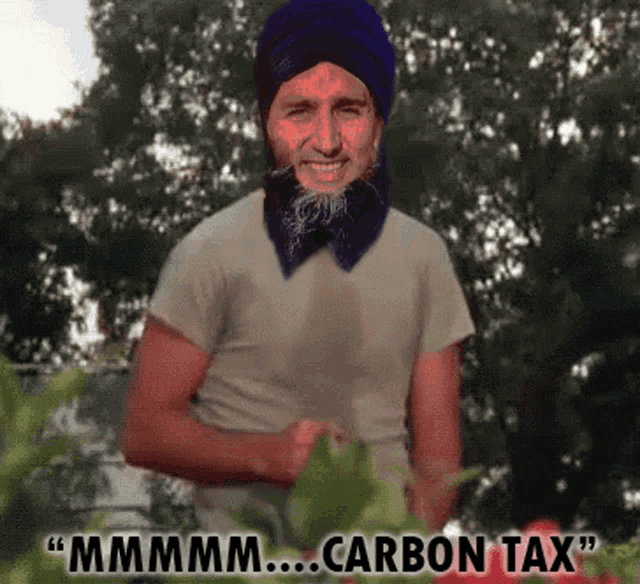 a picture of a man with a beard and a turban says " mmmm carbon tax "