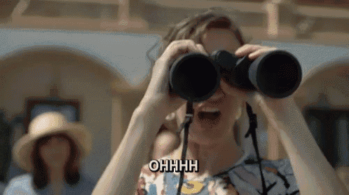 a woman is looking through binoculars with the word ohhhh written above her .