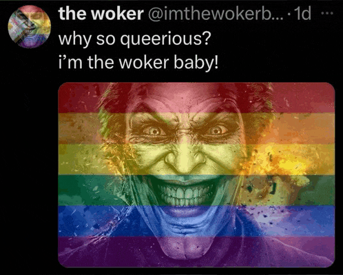 a picture of the joker with a rainbow flag behind it