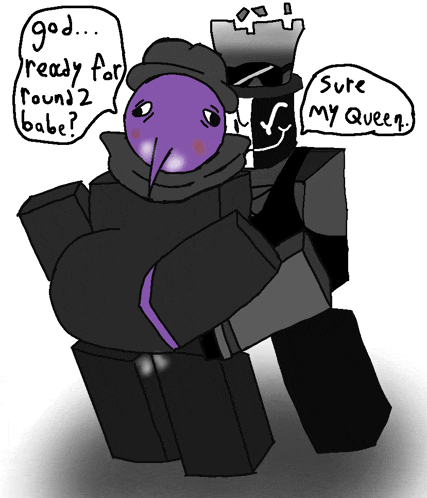a drawing of a robot with a purple head saying " god ... ready for round 2 babe "