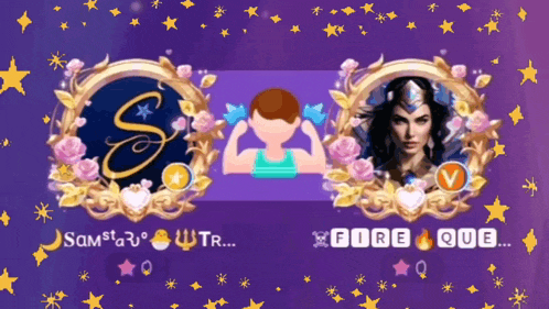 a purple background with a man and a woman and the words fire que on the bottom