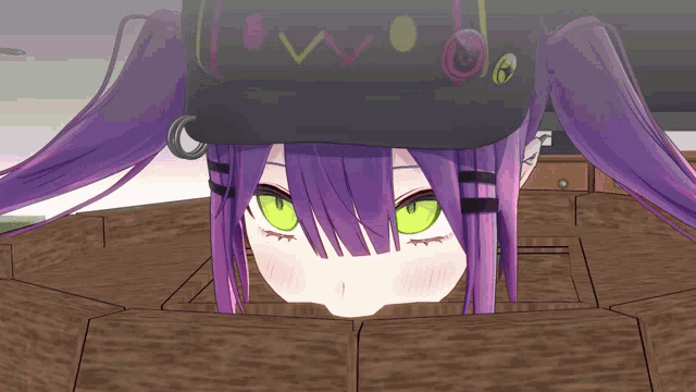 a girl with purple hair and green eyes looks out of a hole