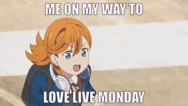 a picture of a girl with headphones and the words me on my way to love live monday