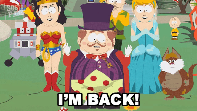 a group of cartoon characters with the words i 'm back in the middle