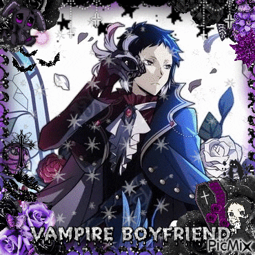 a picture of a vampire boyfriend with purple roses and a coffin