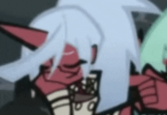 a close up of a cartoon character with white hair and red horns holding a green object .