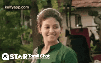 a woman in a green shirt is smiling in front of a star tamil chat logo