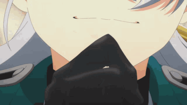 a close up of a person 's face with a black glove around their neck