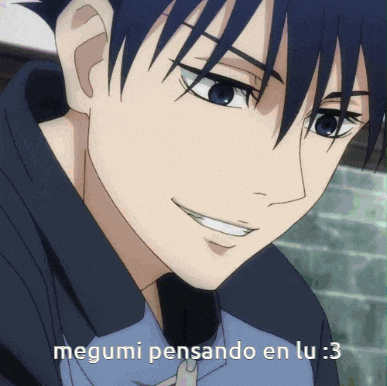 a close up of a person with the words megumi pensando en lu : 3