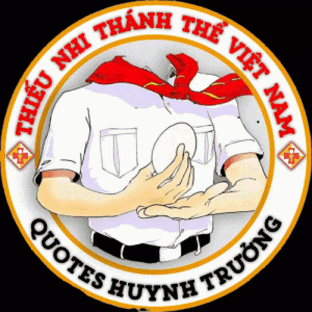 a logo for quotes huynh truong shows a boy with a scarf around his neck
