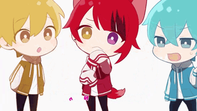 three anime characters are standing next to each other and one of them has a purple eye